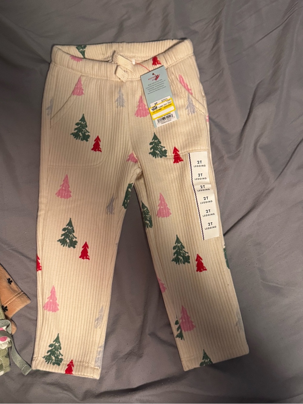 Cat and Jack Kids Cream Ribbed Pajama Leggings with Pink & Green Tree Print - Picture 1 of 2